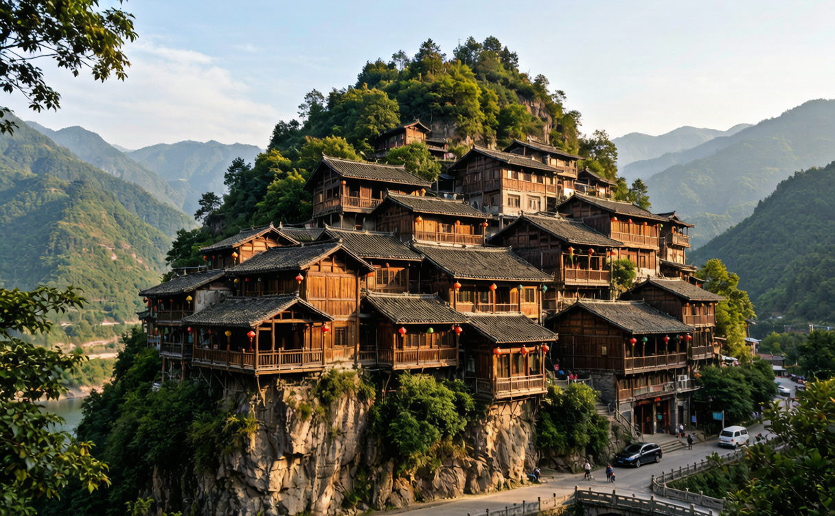 Abandoned stone houses swallowed by green ivy in the Houtouwan village on Gouqi Island, Zhejiang, China
