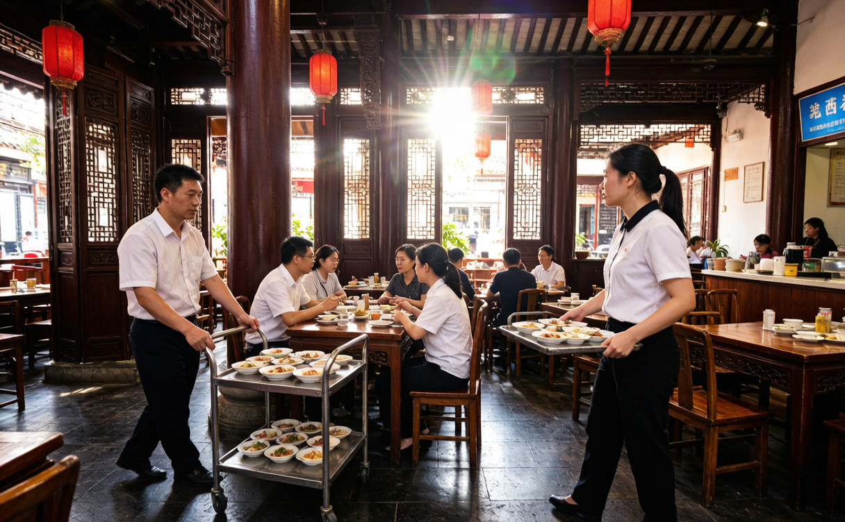 Guangzhou dim sum guide - teahouse with carts of small dishes in Guangzhou, China