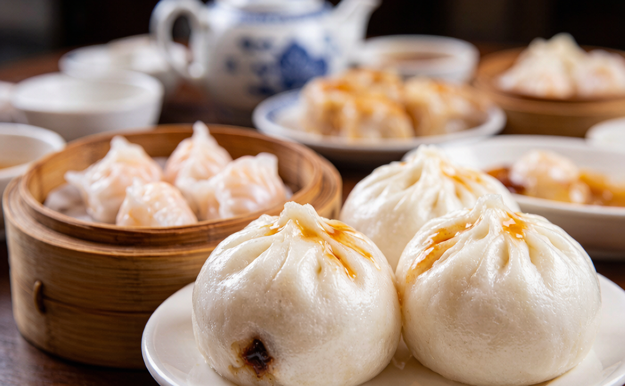 Guangzhou dim sum guide - har gow and char siu bao close-up in Guangzhou, China