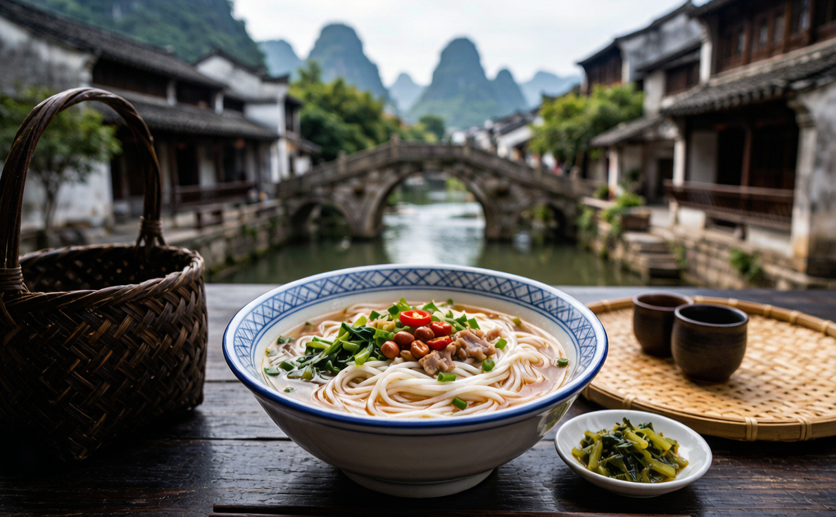 Bowl of Guilin rice noodles topped with peanuts and herbs in Guilin, China