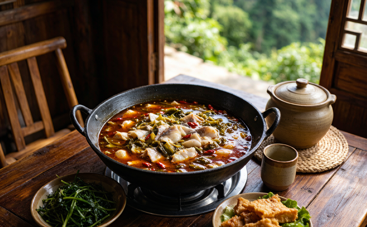 Guizhou red sour soup fish hotpot with tofu and vegetables