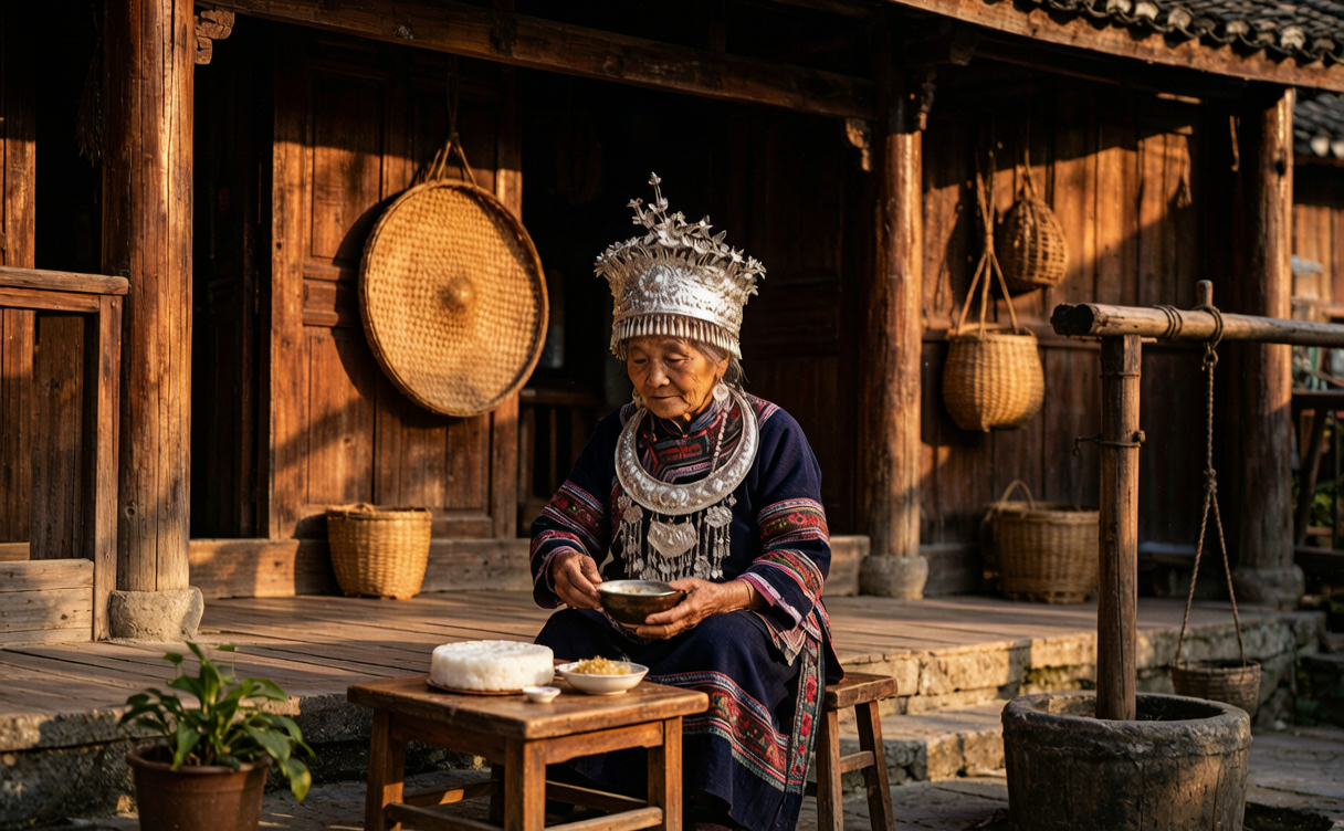 Vendor preparing Guizhou siwawa vegetable wraps at a street stall