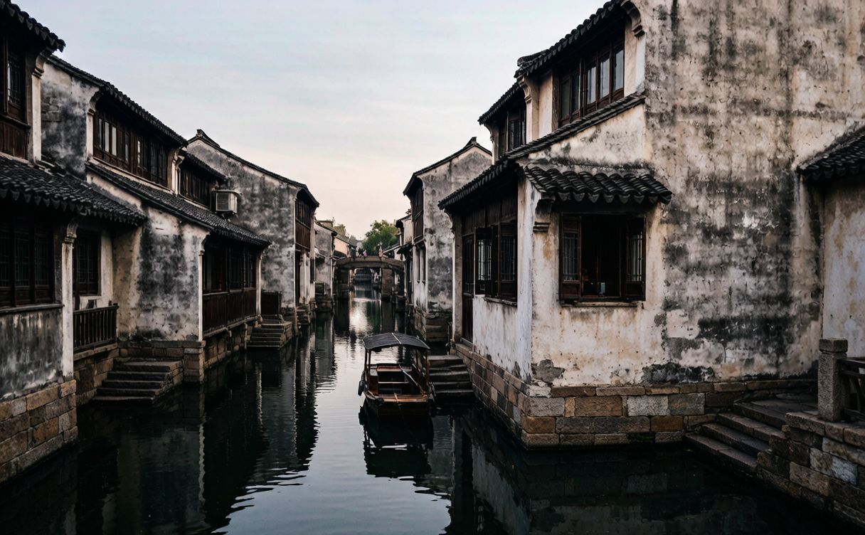 Wuzhen canal with a wooden boat passing under a stone bridge at dawn