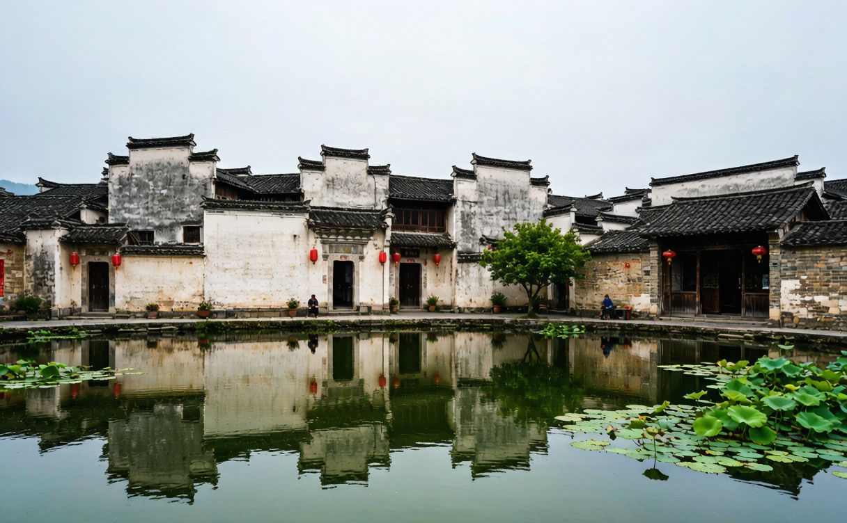 Moon Pond at dawn with traditional Huizhou houses reflected in the water