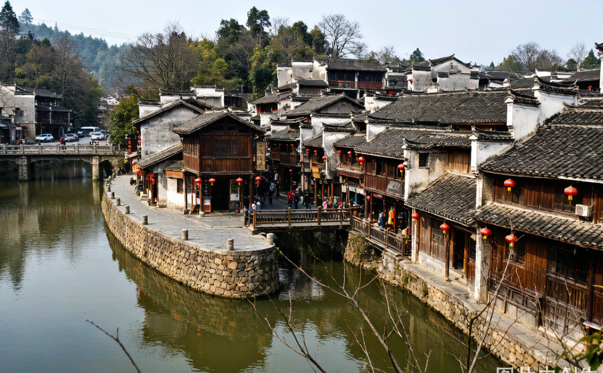 Ancient stone bridge and banyan tree in Huangyao old town, Guangxi, China