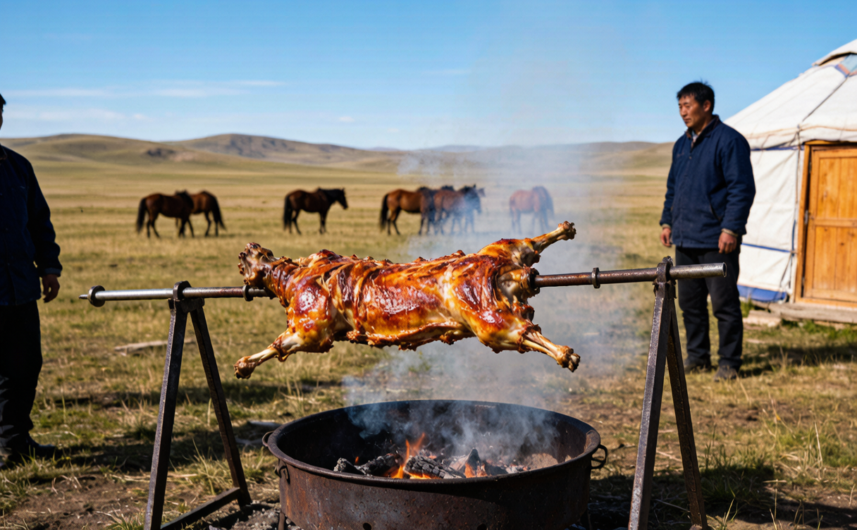 Inner Mongolia hand-held boiled lamb ribs with a salt dip on a wooden table