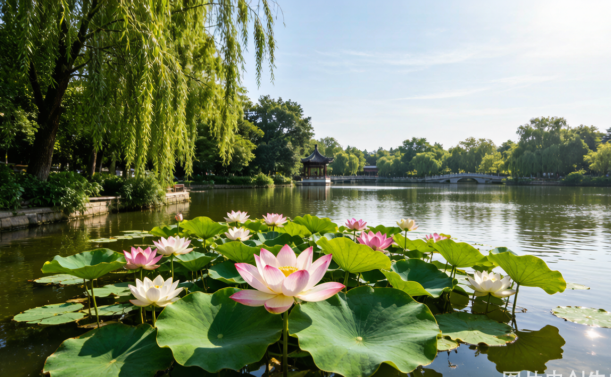 Baotu Spring gushing water with classical pavilions in Jinan, China