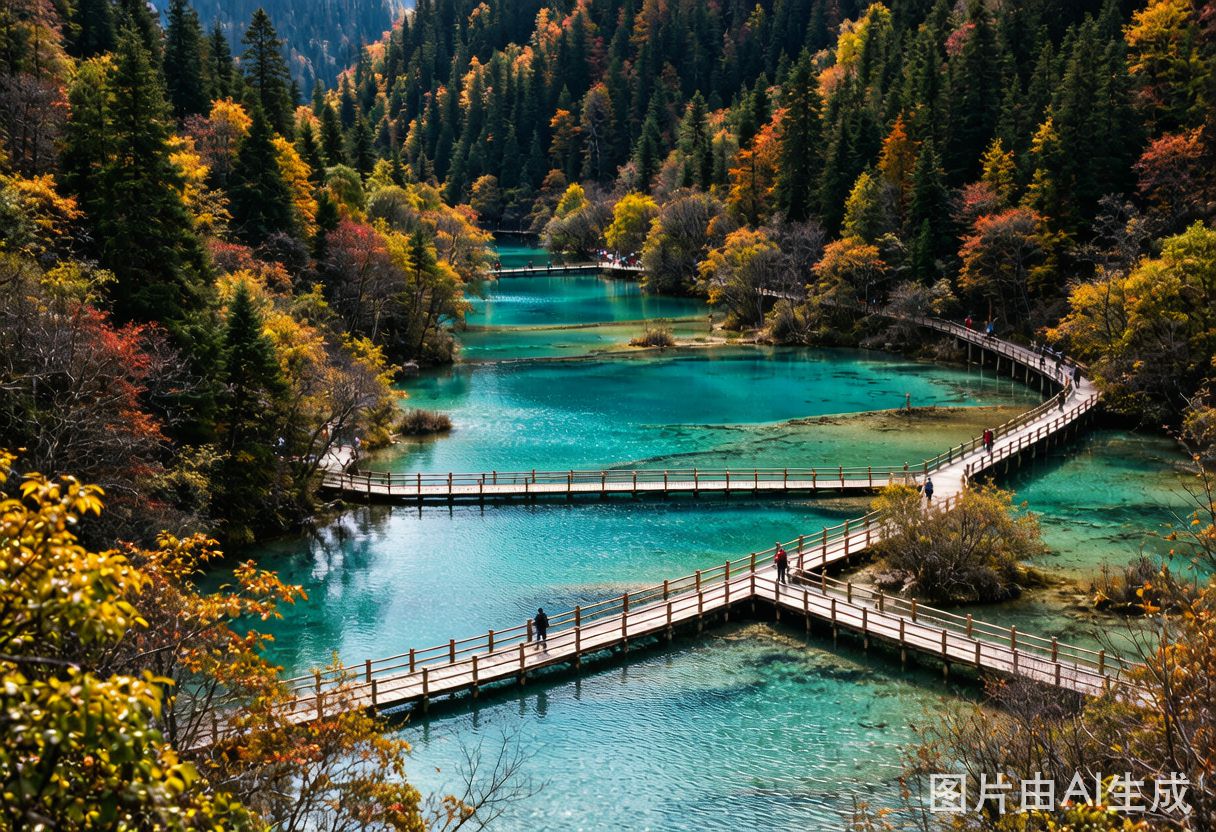 Turquoise water of Five Flower Lake in Jiuzhaigou reflecting the mountains