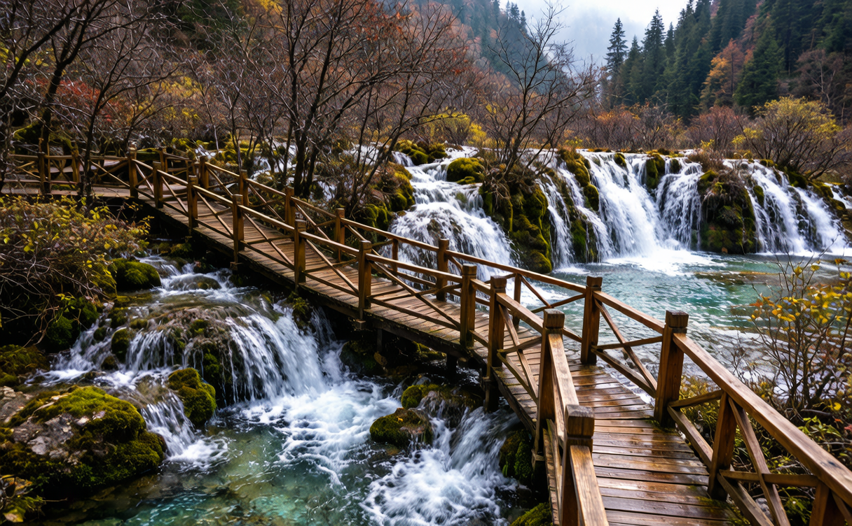 Jiuzhaigou guide - wooden boardwalk along turquoise Shuzheng Valley lakes, Sichuan, China