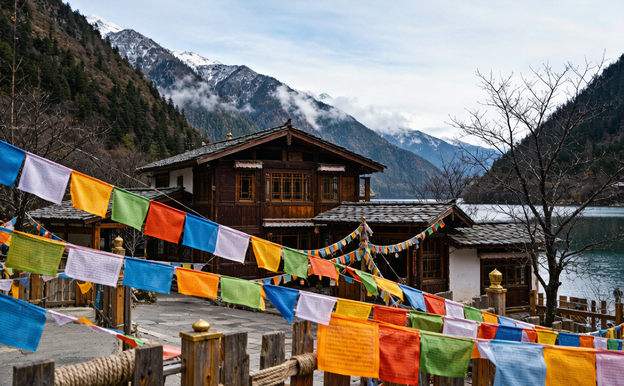 Tibetan village with prayer flags beside a blue lake in Jiuzhaigou Valley, Sichuan