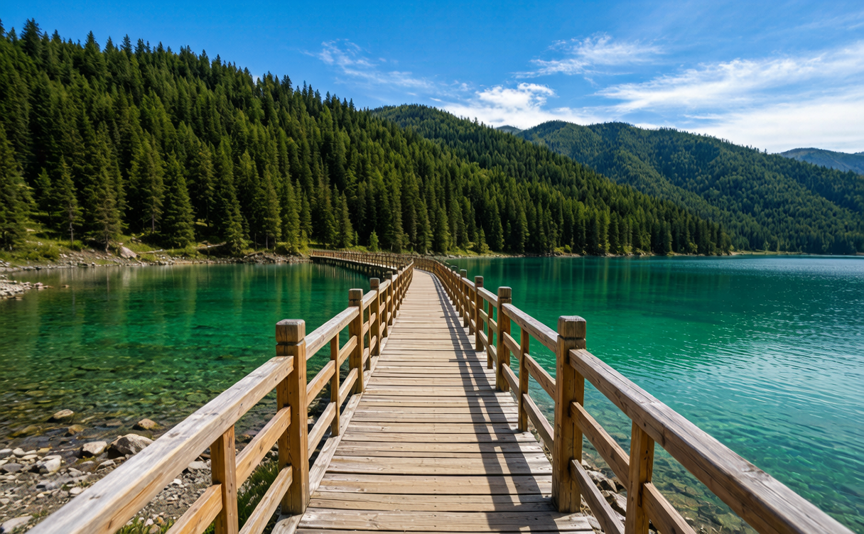 Kanas Lake guide - wooden boardwalk beside the emerald shore of Kanas Lake, Xinjiang, China