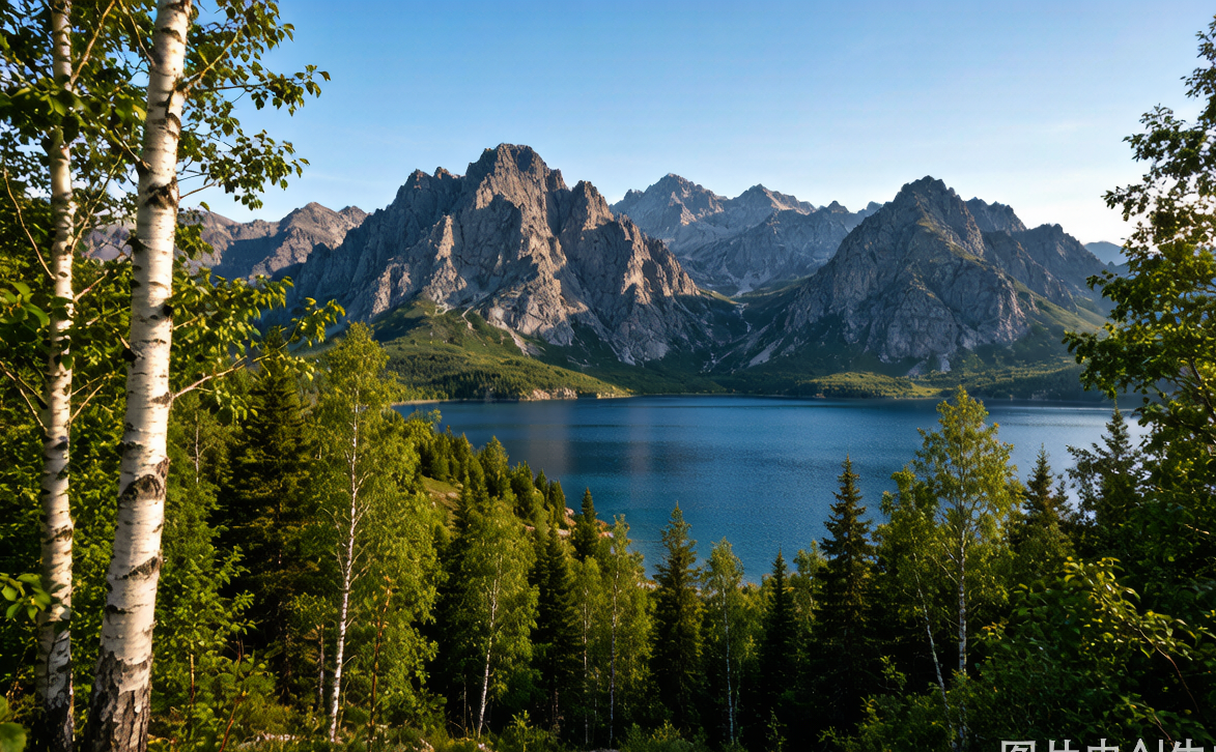 Tall granite Spirit Bell peak rising above the Ertix river in Keketuohai geological park, Xinjiang, China