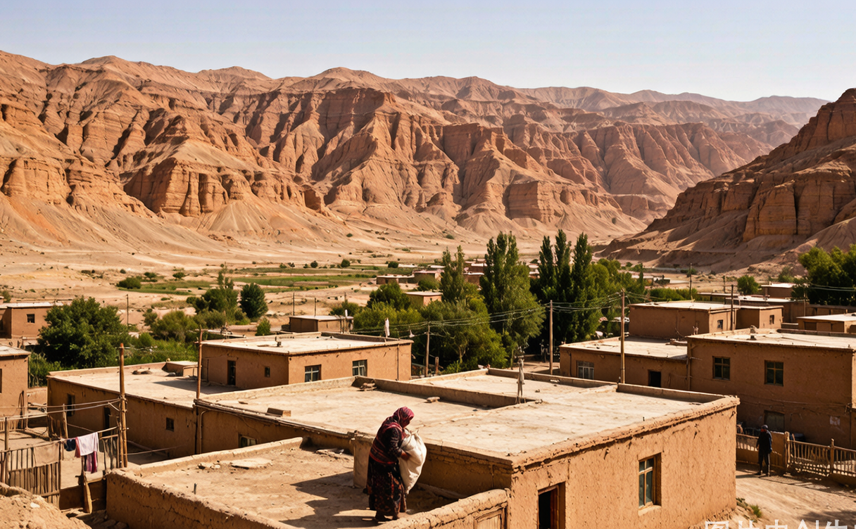 Kuqa oasis town with mud-brick homes beneath the Tianshan foothills in Xinjiang, China