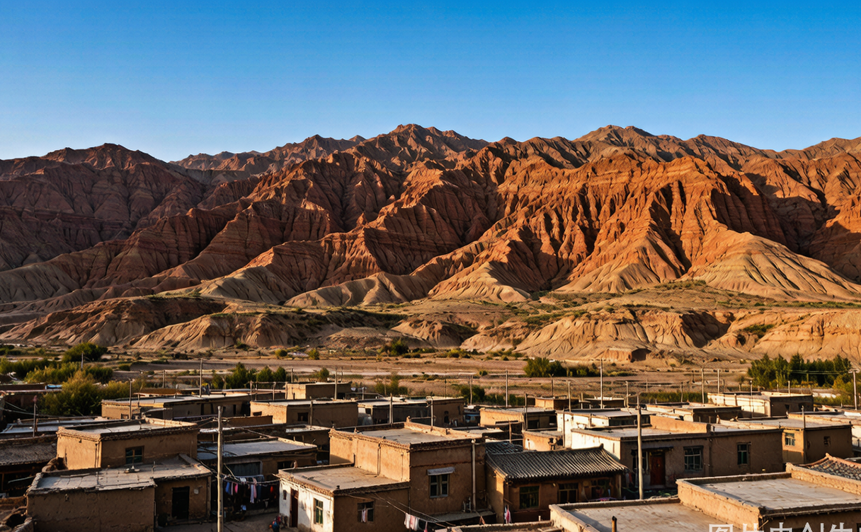 Towering red sandstone walls of the Kuqa Grand Canyon near Kuqa, Xinjiang, China