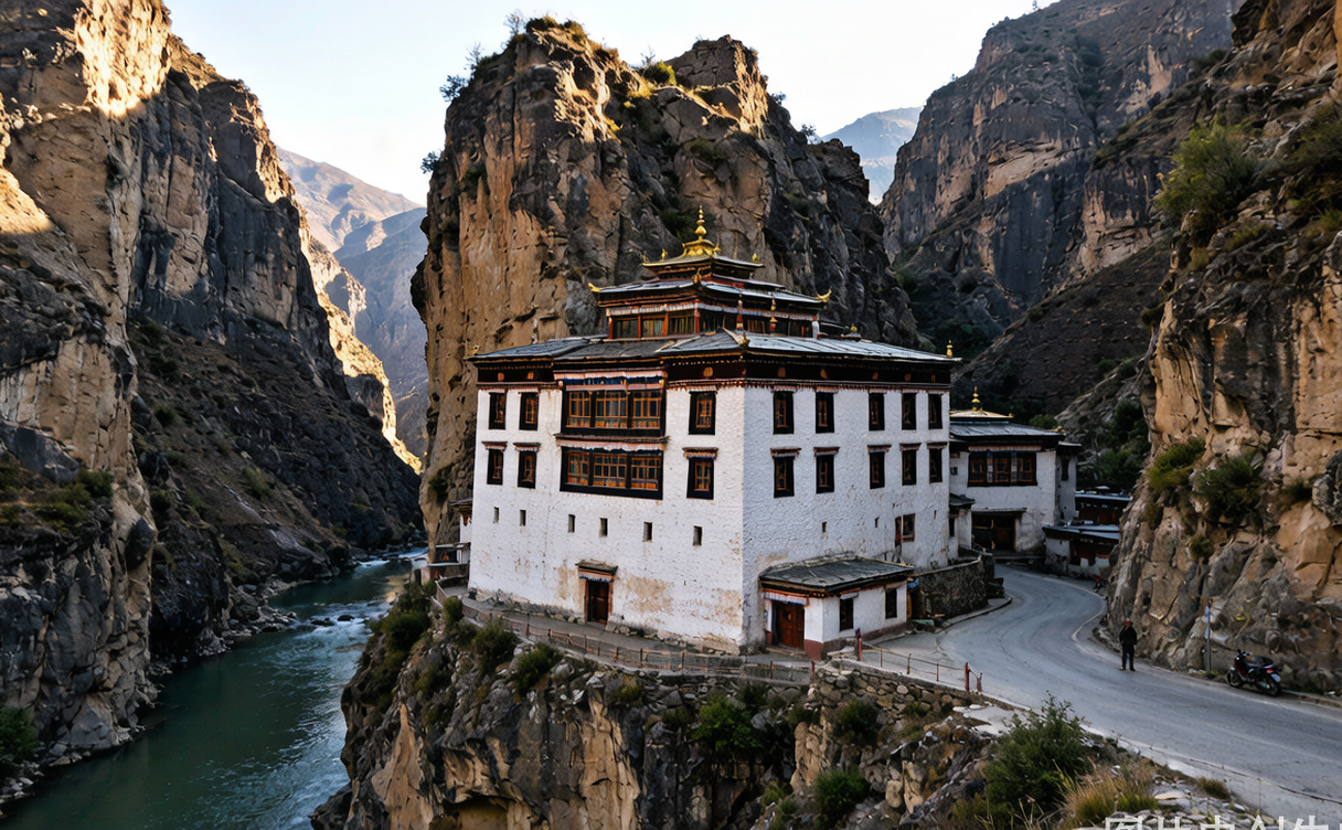 The Bailong River with wooden bridges dividing the Gansu and Sichuan sides of Langmusi town, China