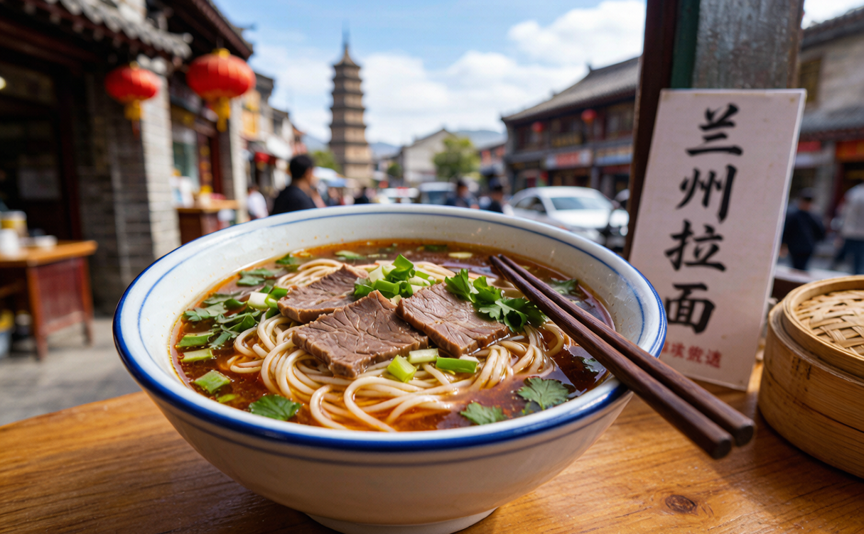 Steaming bowl of Lanzhou beef noodle with red chili oil in Lanzhou, China
