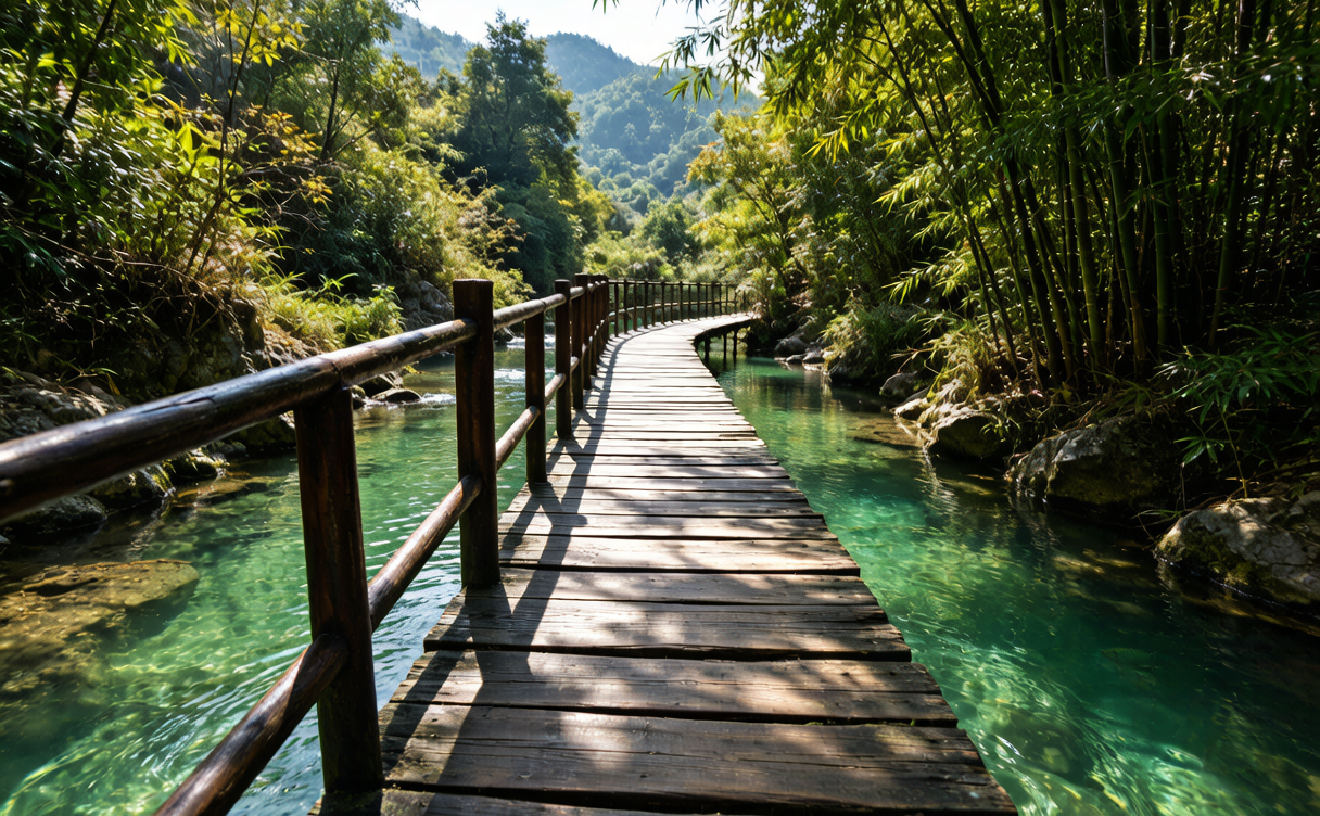 Libo travel guide - boardwalk crossing a clear green stream in Xiaoqikong Scenic Area, Guizhou