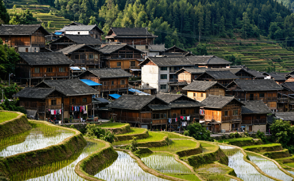 Traditional Yao minority village and rice terraces near Libo, Guizhou, China