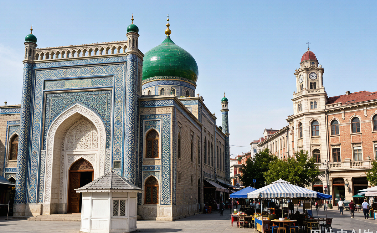 Ornate tiled dome and minaret of a mosque in Linxia, Gansu, China at dusk