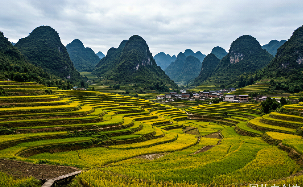Mingshi River winding between rounded limestone karst peaks and green rice paddies in Chongzuo, Guangxi, China
