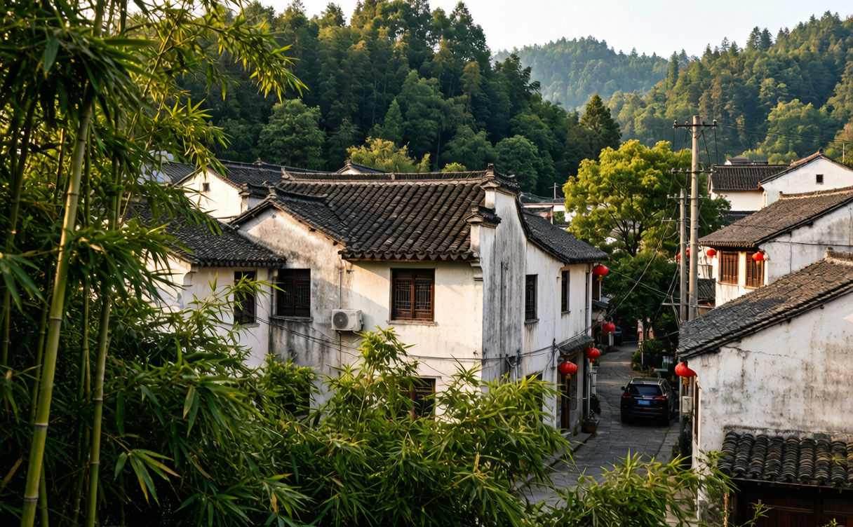 Tall green bamboo grove path winding through the Moganshan hills, Zhejiang, China