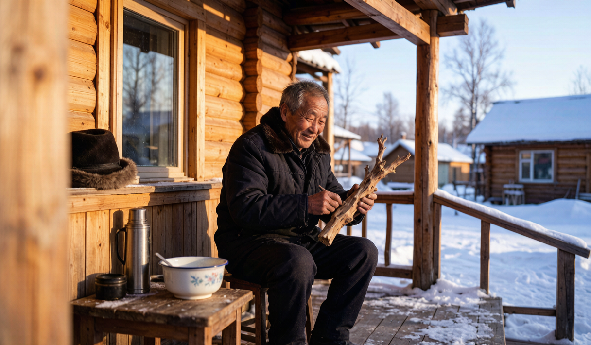 Mohe frozen Amur river with wooden cabins