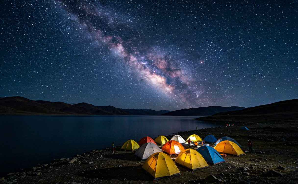 Namtso Lake guide - tent camp under a starry sky by Namtso Lake, Tibet, China
