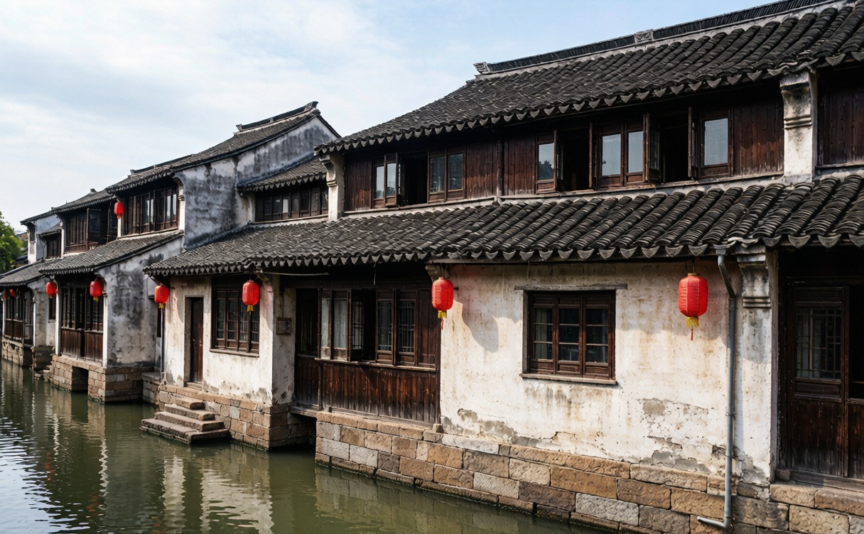 Stone old mansions lining the quiet canal in Nanxun water town, Zhejiang, China