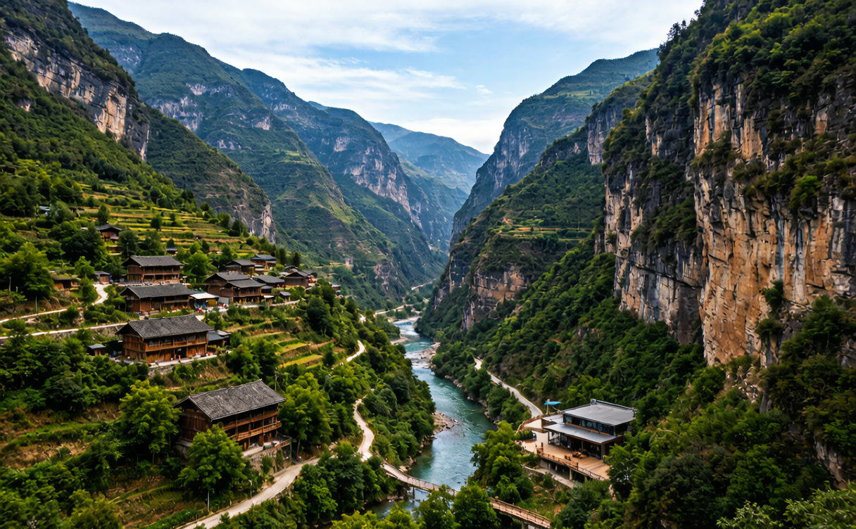 Sheer canyon walls above the roaring Nujiang River in Nujiang Grand Canyon, Yunnan, China