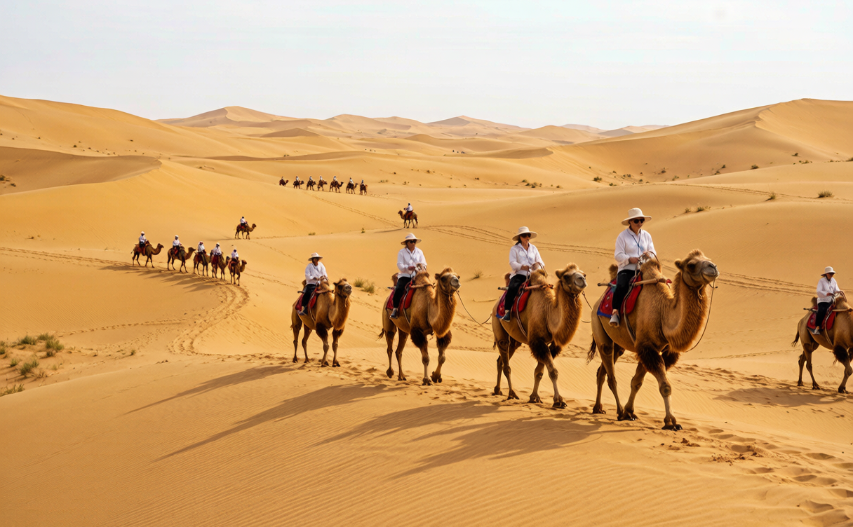 Ordos travel guide - camel ride on Kubuqi Desert dunes near Ordos, Inner Mongolia, China