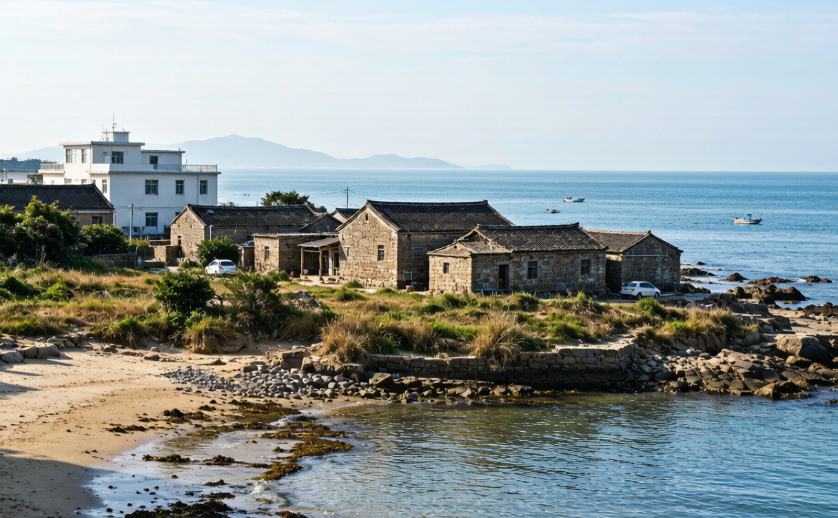Wind-proof stone houses of a Pingtan fishing village beside the blue coast, Fujian, China
