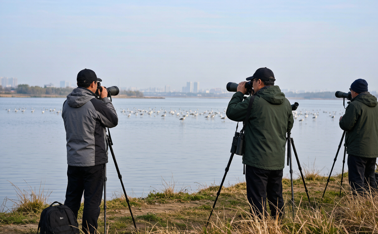 Poyang Lake guide - birdwatchers observing wintering cranes on the wetland at sunrise, Jiangxi, China