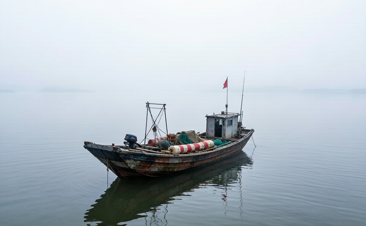 Fishing boat on misty Poyang Lake in winter, Jiangxi wetland, China