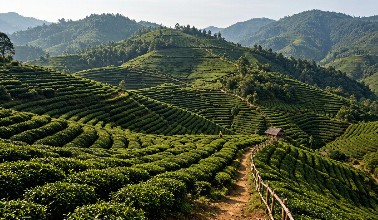 Pu'er ancient tea mountain terraces at dawn
