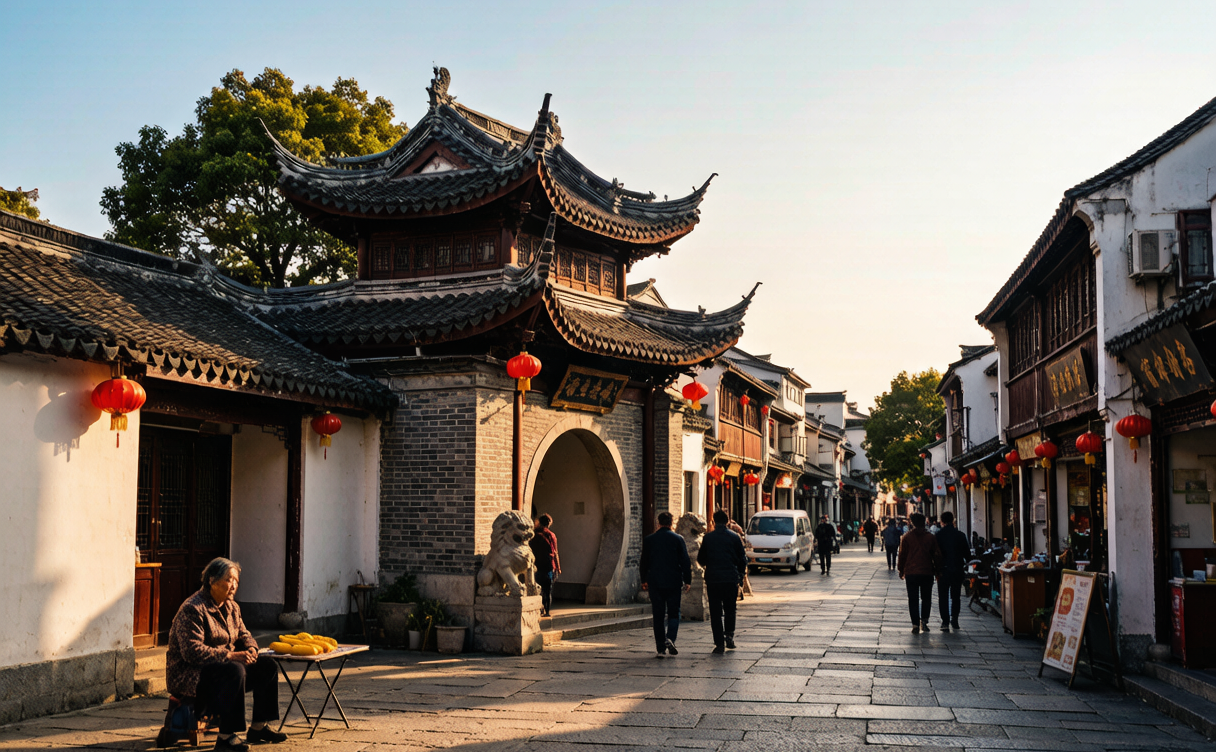 Stone path lined with pines and a temple roof beside the sea on Putuo Mountain, Zhejiang, China