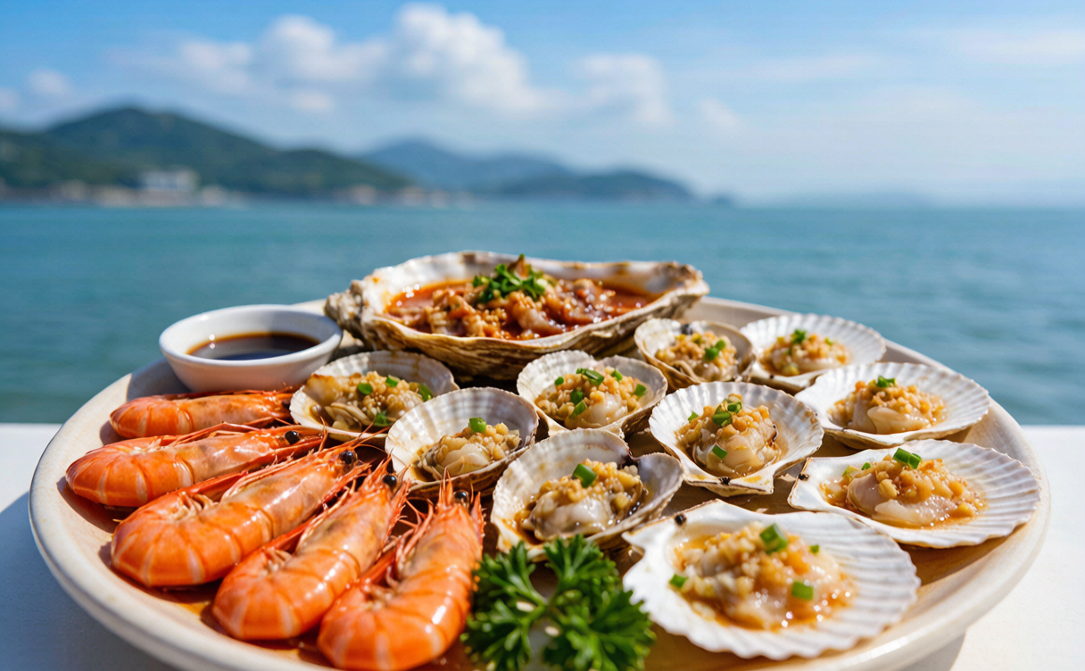 Fresh clams and draft beer on a wooden table at a Qingdao beer house