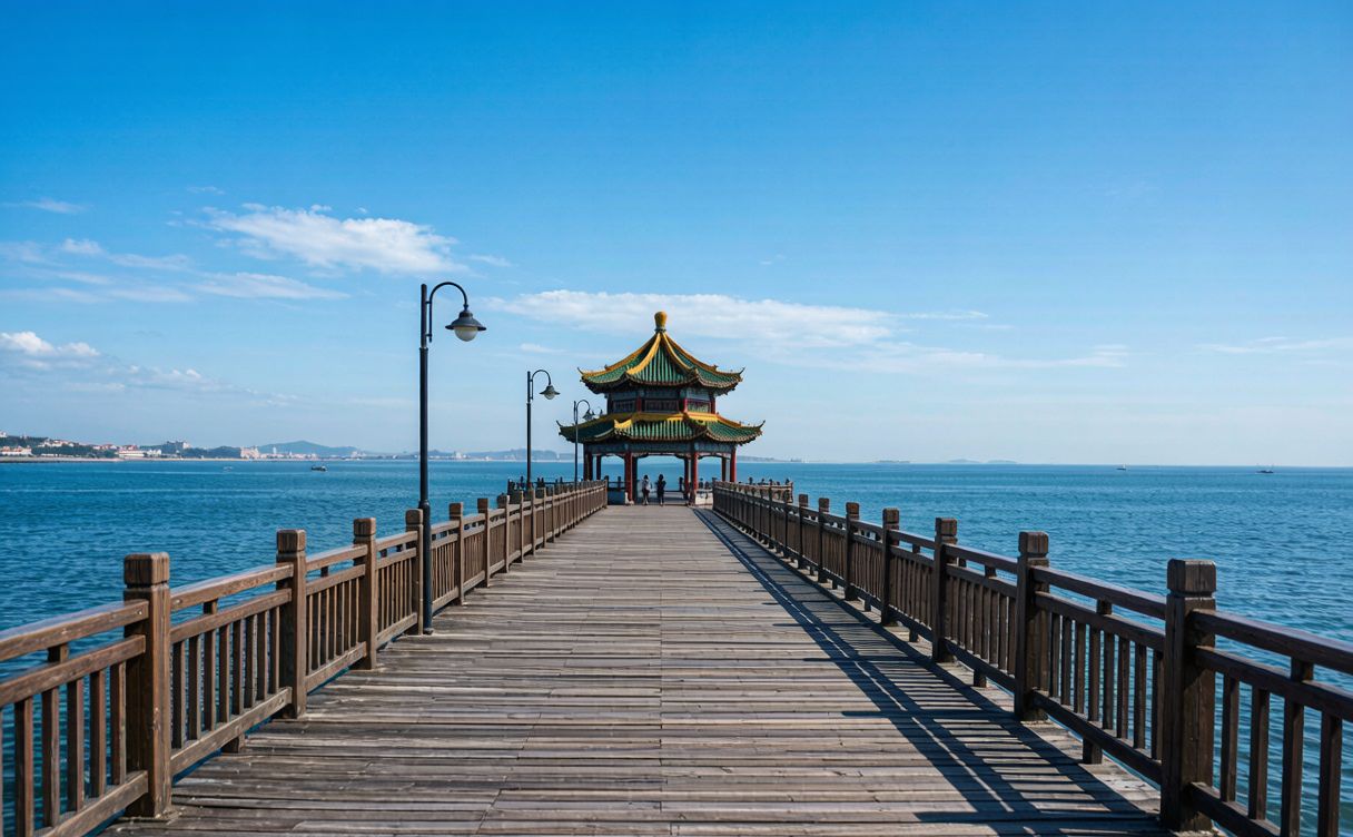 Zhanqiao Pier Qingdao with Huilan Pavilion at sunset