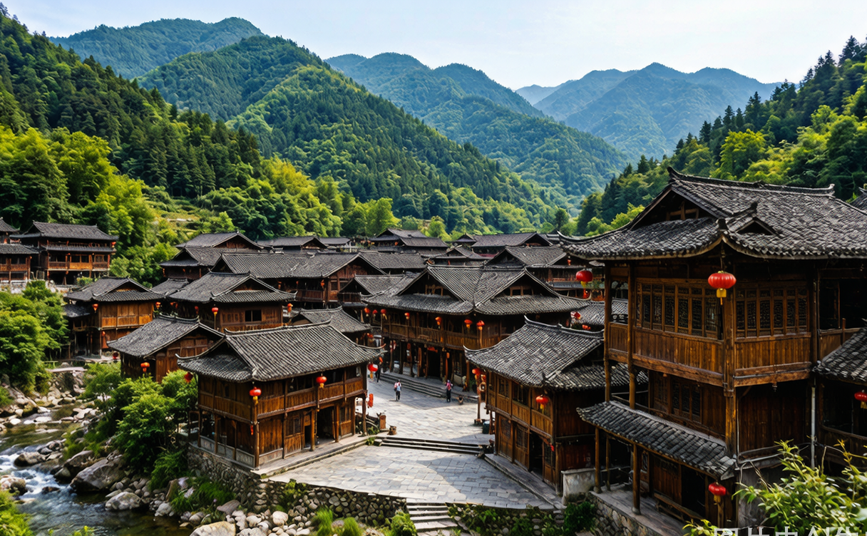 Traditional timber Kazakh houses and horses in the green Qiongkushitai valley of Xinjiang, China