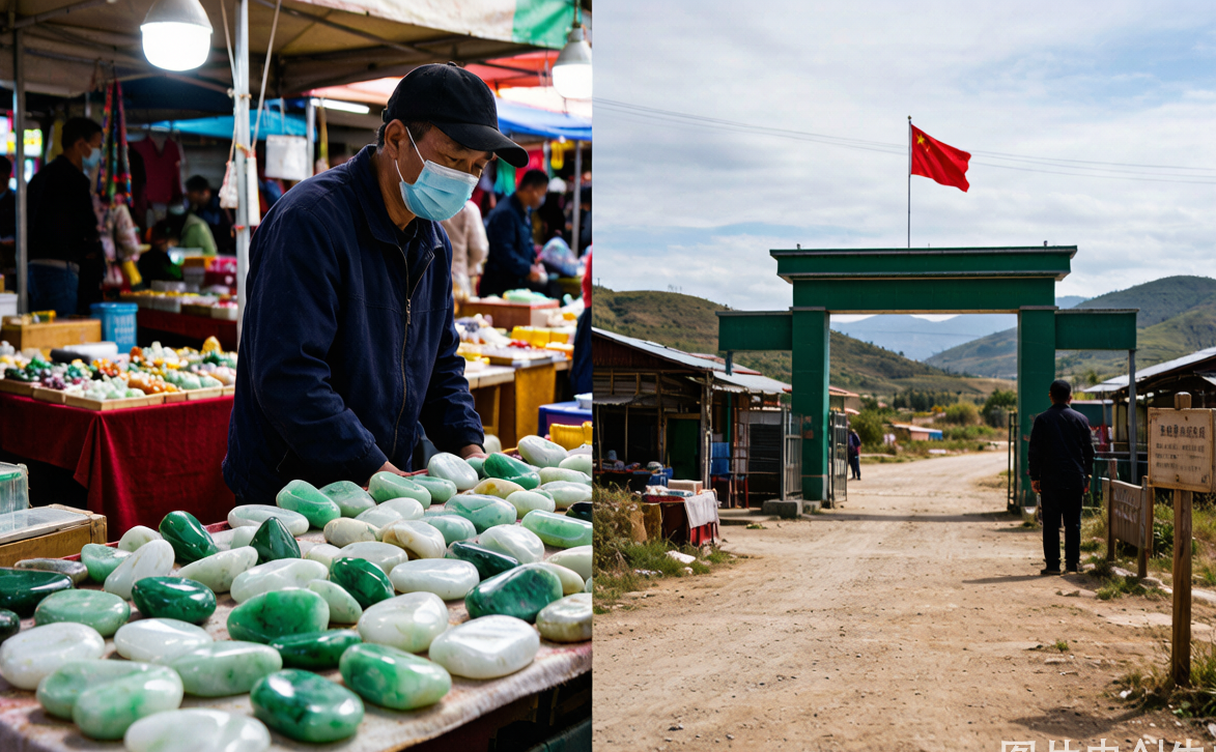 Crowded jade market with polished green stone for sale in Ruili, Yunnan, China