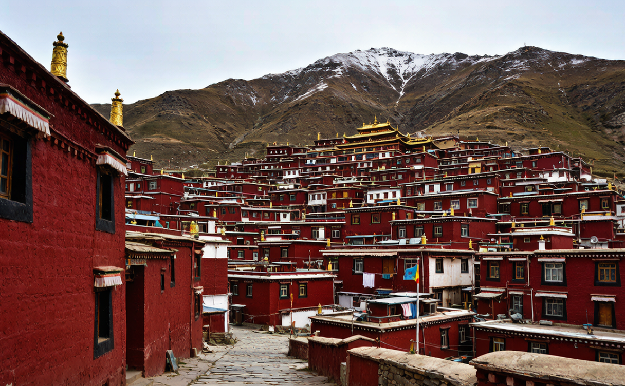 Crimson wooden monastic houses of Larung Gar Buddhist Academy covering a valley in Seda, Sichuan, China