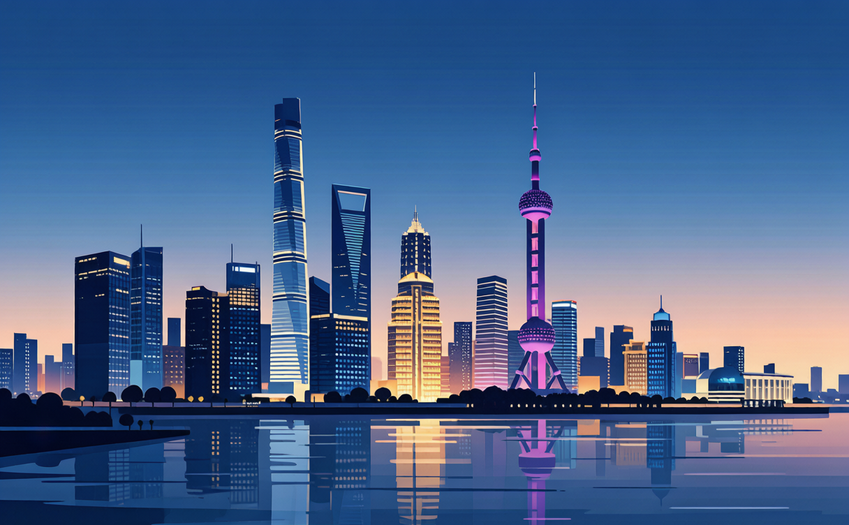 The Bund at sunset with Shanghai's Lujiazui skyline