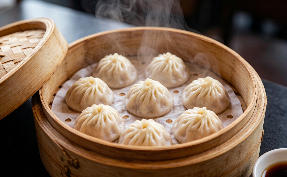 Xiaolongbao Shanghai guide - opened bamboo steamer of soup dumplings in Shanghai, China