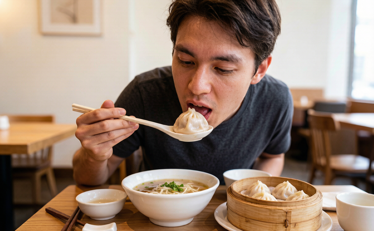 Xiaolongbao Shanghai guide - diner lifting soup dumpling with chopsticks and spoon in Shanghai