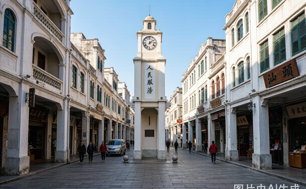Shantou Old Town Qilou arcade buildings China at dusk