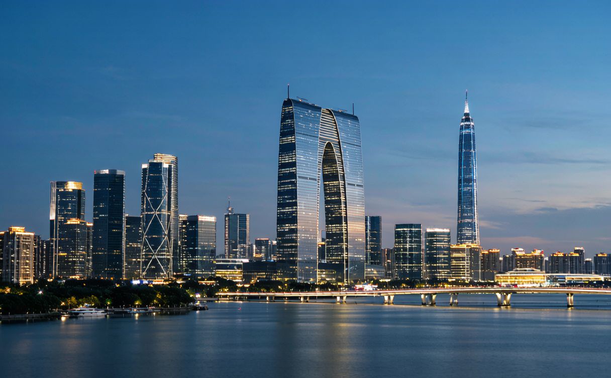Ping An Finance Centre and Shenzhen Futian skyline at dusk