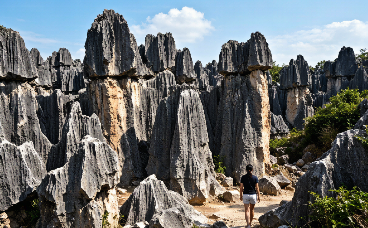 Shilin Stone Forest guide - traveler walking among tall karst pinnacles in Shilin, Yunnan, China