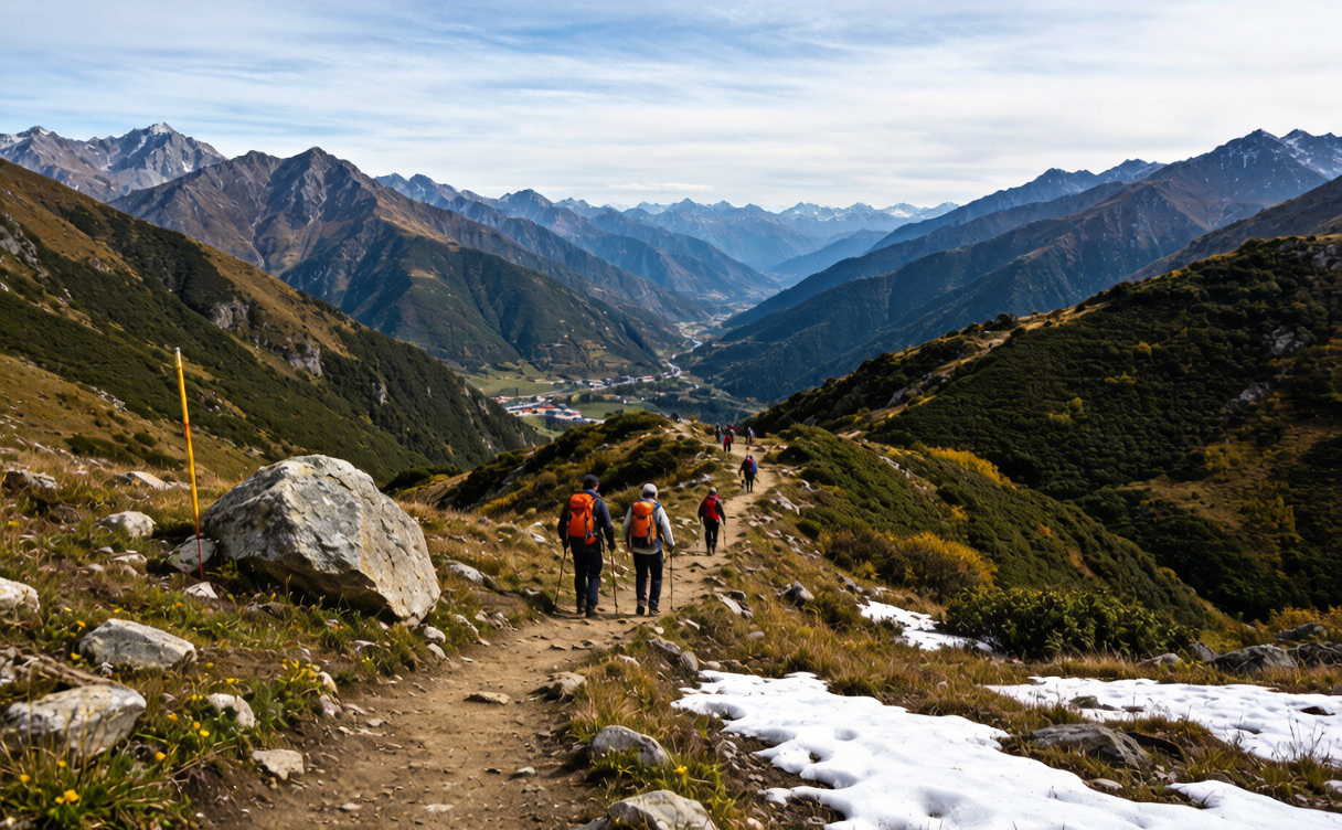 Mount Siguniang guide - hikers on an alpine meadow trail below the Four Sisters peaks, Sichuan, China