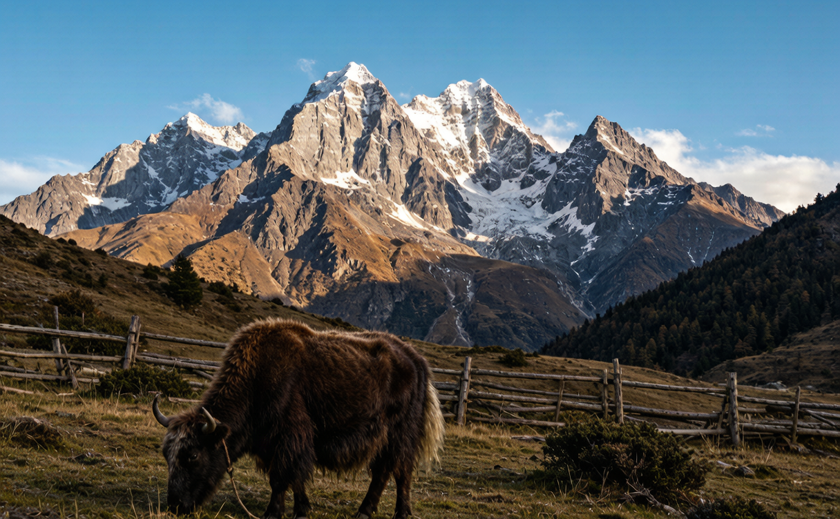 Yaks on a meadow beneath Mount Siguniang's snow peaks, Sichuan, China