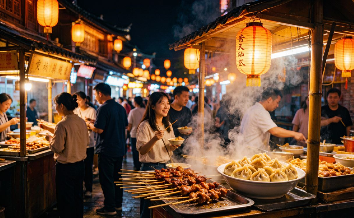 Night market skewers grilling over coals