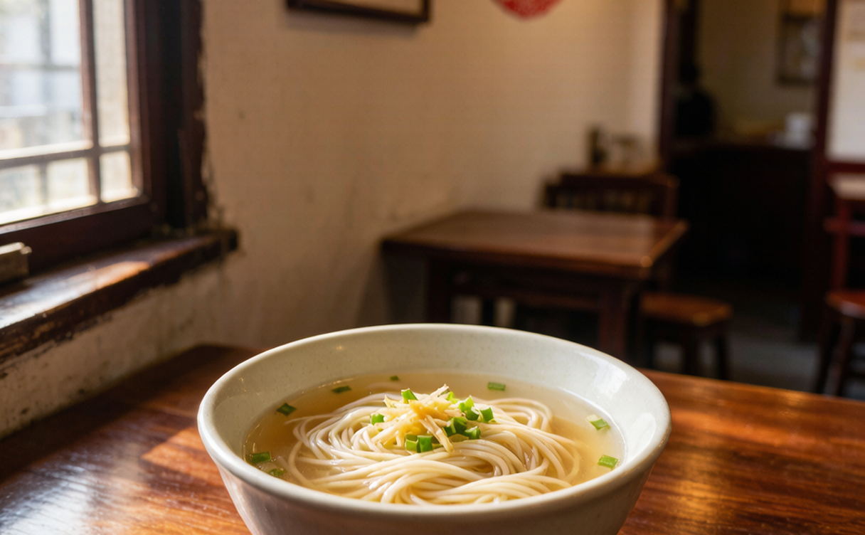 Suzhou aozao noodles in clear broth with toppings